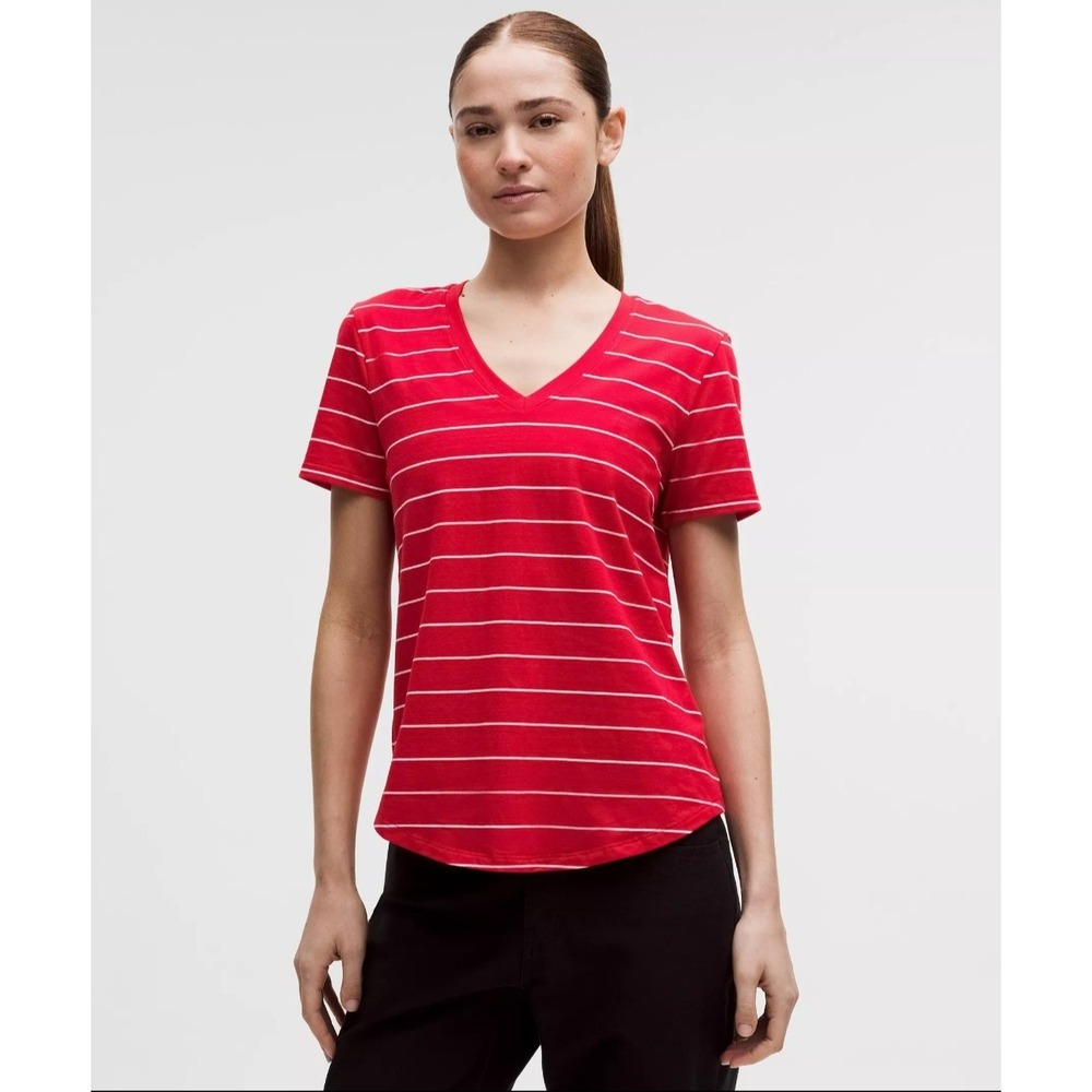 Lululemon Love V-Neck Tee Shirt Red White Pink Striped Cotton Size 12 NWT